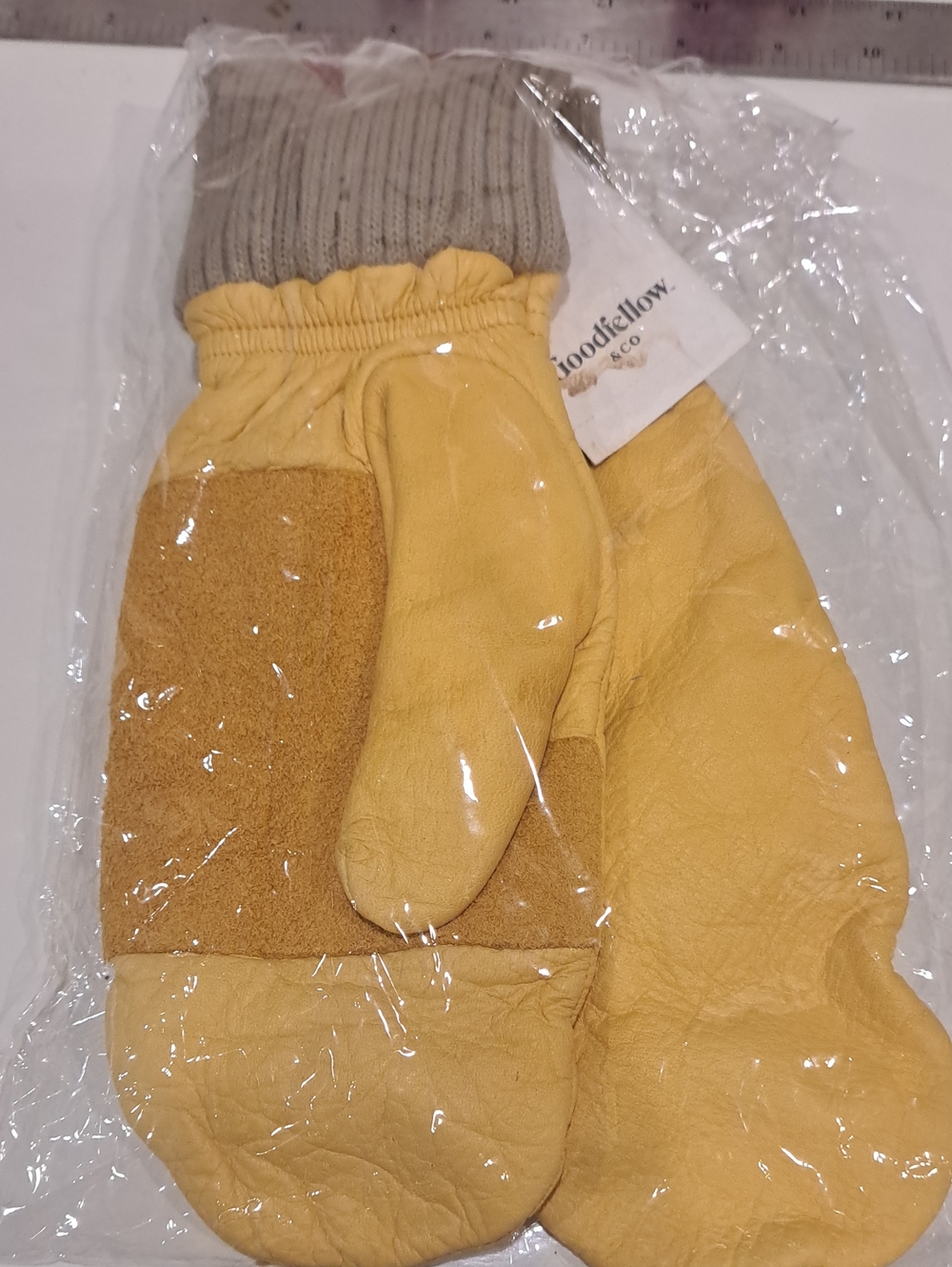 NWT Goodfellow & Co Men's Yellow Leather Suede  Mittens L/XL Gray Knit Cuff